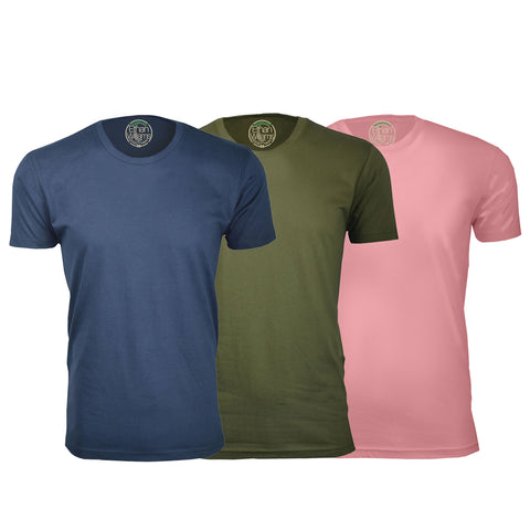 ORG-100NMGLP 3-Pack Organic Cotton Crew Neck T-shirt- Navy / Military Green / Light Pink
